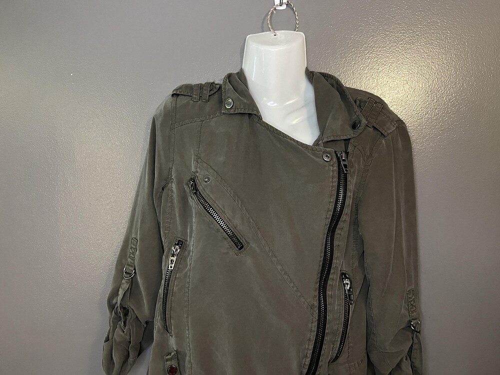 BLANKNYC Jacket Womens XS Green Twill Asymmetrical Zip Moto Biker Lined Utility